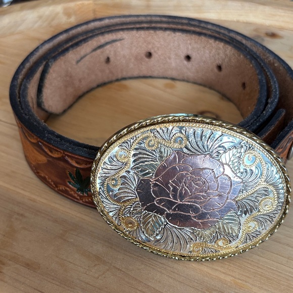 Harley Davidson engraved brown tan belt floral silver plated rose gold belt